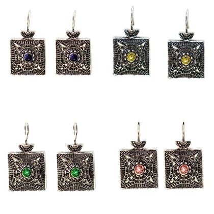 Jewelryklub 6 Pairs Vintage Style Earrings Set for Women - Antique Silver Square Dangle Earrings with Gemstones