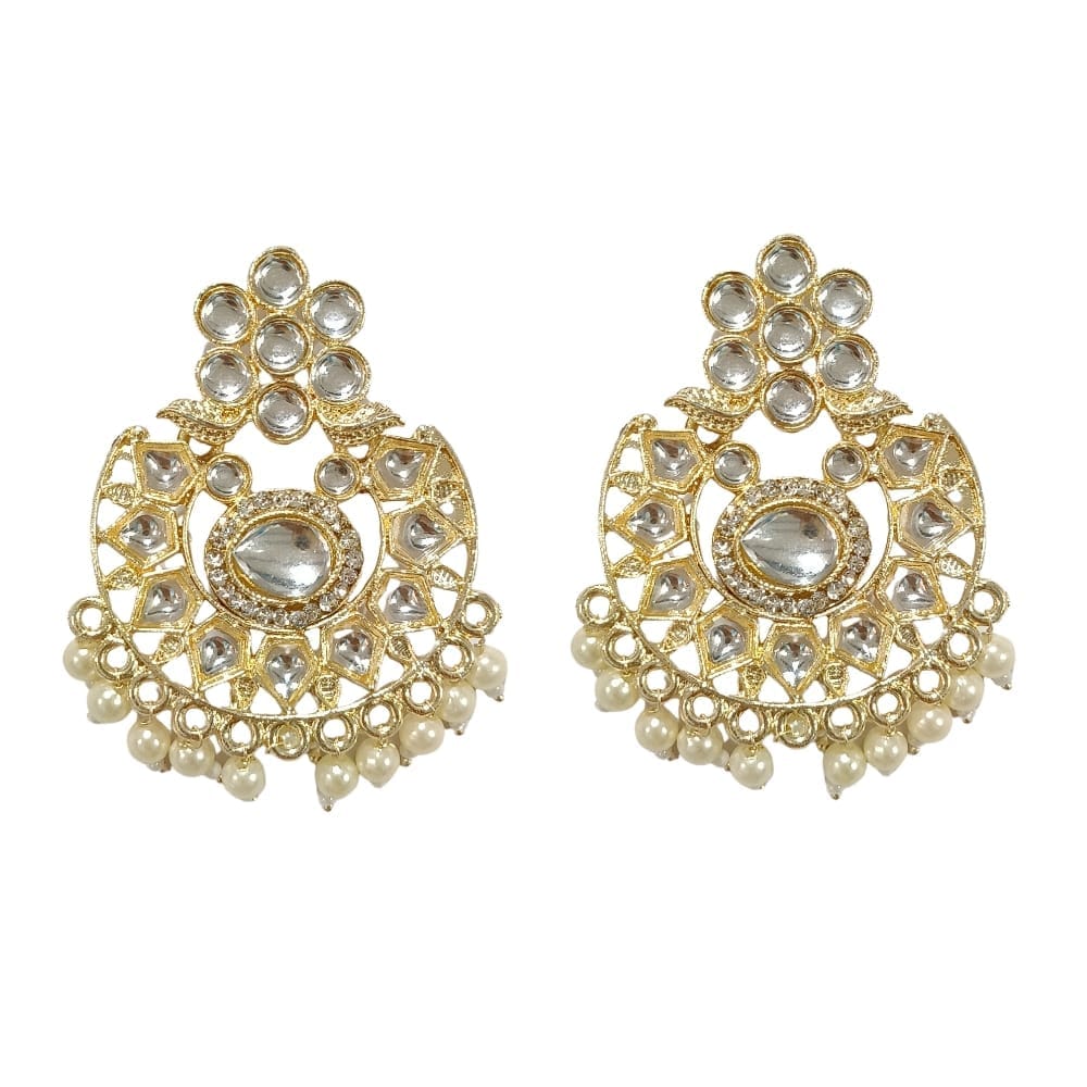 Jewelryklub Gold Plated Kundan Chandbali Earrings With Pearls - White