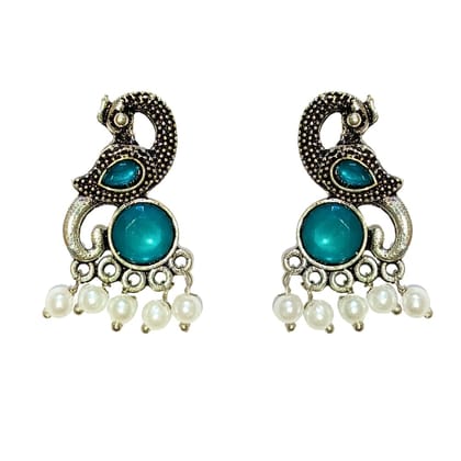 Jewelryklub Earrings For Women Oxidised Silver Peacock Shape Jhumki Earrings For Girls And Women (Blue)