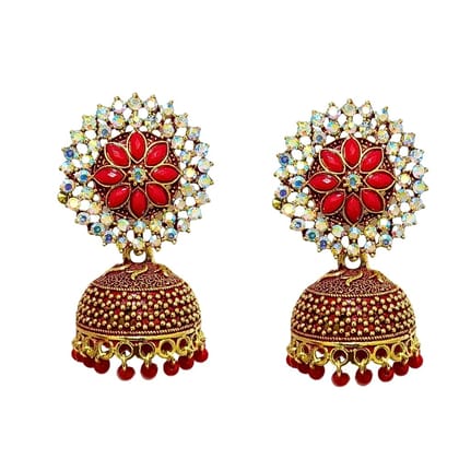 Jewelryklub Gold Plated Floral Zircon Stones Beads Traditional Jhumki Earrings For Girls And Women - Pink