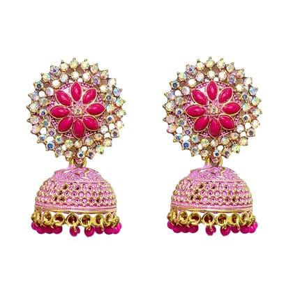 Jewelryklub Gold Plated Floral Zircon Stones Beads Traditional Jhumki Earrings For Girls And Women - Dark Pink