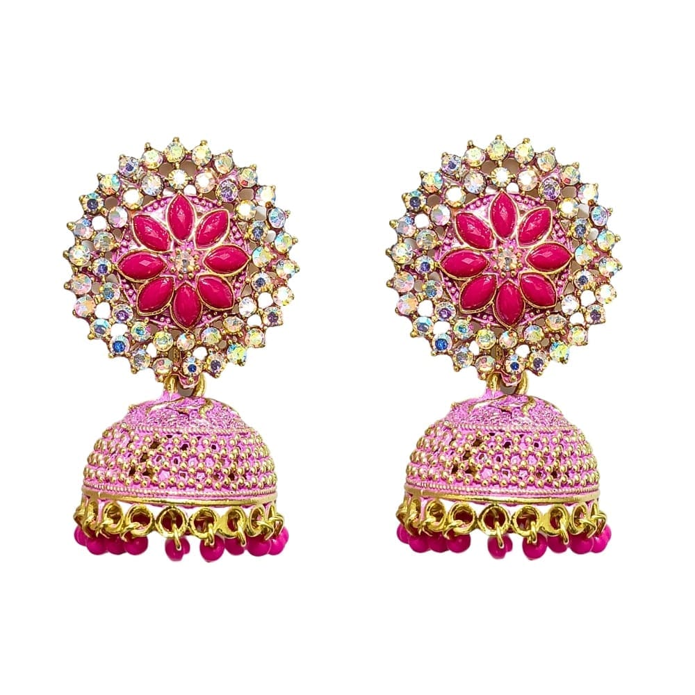 Jewelryklub Gold Plated Floral Zircon Stones Beads Traditional Jhumki Earrings For Girls And Women - Dark Pink