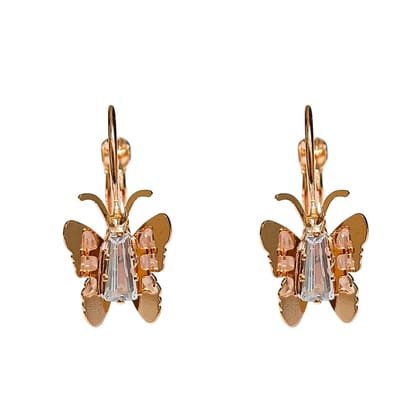 Jewelryklub Zircon Studded Butterfly Design Rose Gold Plated Lever Back Earrings For Girls & Women