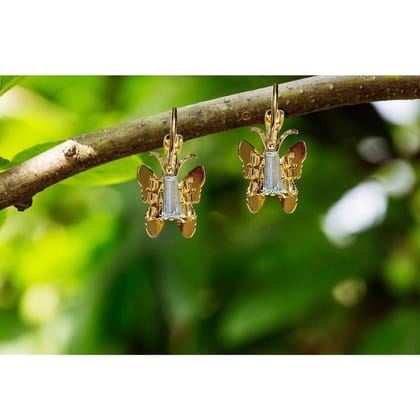 Jewelryklub Zircon Studded Butterfly Design Gold Plated Lever Back Earrings For Girls & Women