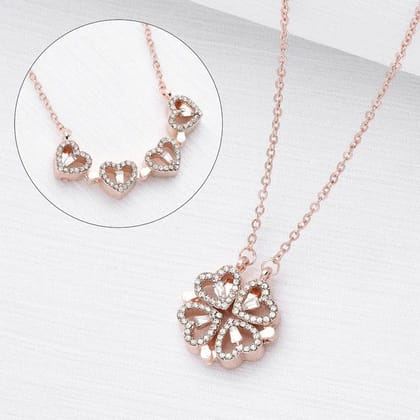 Jewelryklub Magnetic Folding Heart Shaped Four Leaf Clover Pendant Necklace Anti Tarnish Stainless Steel Rose Gold