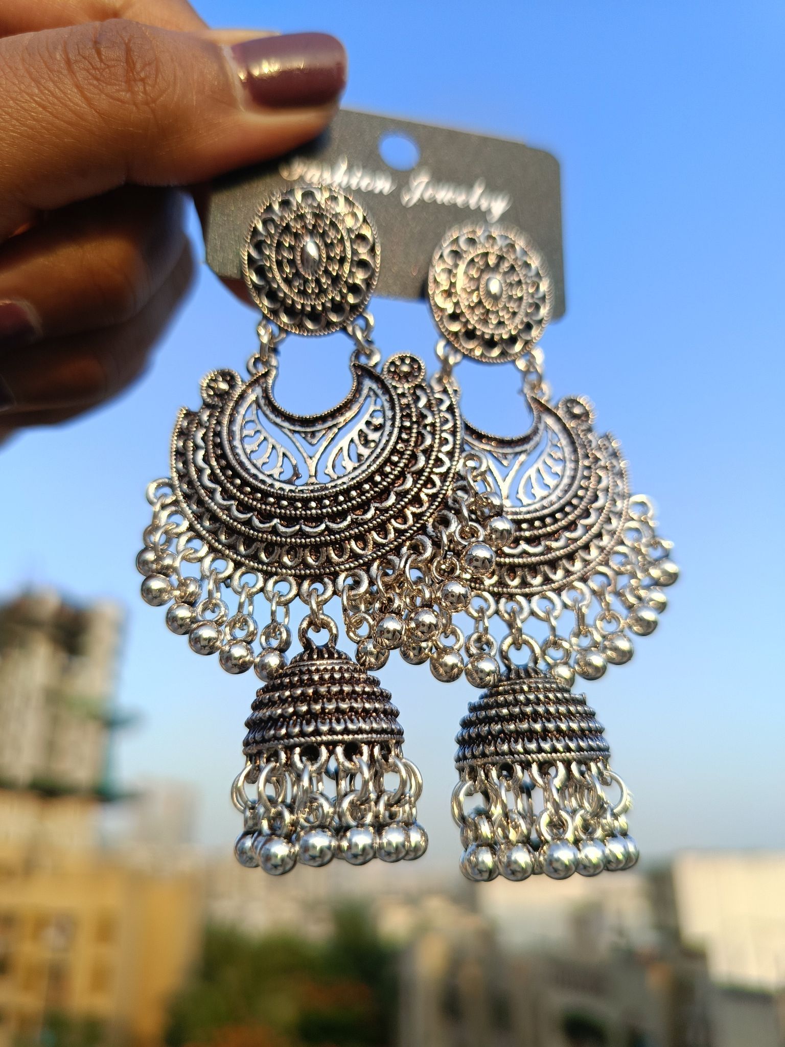 Jewelryklub Oxidised Silver Jhumka Earrings For Girls And Women Round Design Half Moon Design