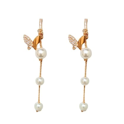 Jewelryklub American Diamond Stone Earrings with Pearl Drop Butterfly Design For Girls Women