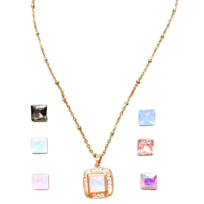 Jewelryklub Anti Tarnish American Diamond Detachable Stones Pendant Chain Set With 7 Colored Stones For Girls Women - Square Shape