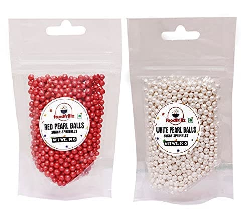 foodfrillz Red Pearl Balls + White Pearl Balls (50 g x 2) Sugar Sprinkles for cake decoration