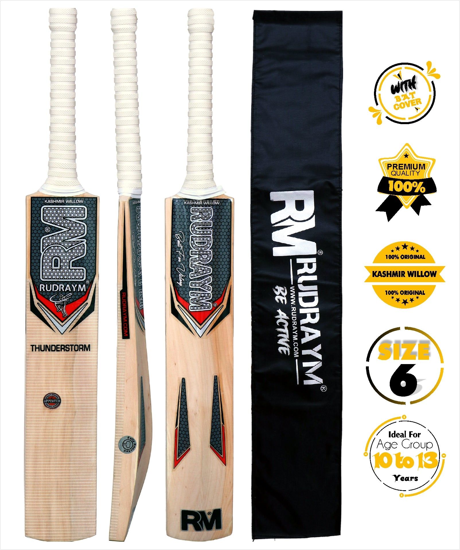 RUDRAYM RM ThunderStorm Edition Kashmiri Willow Wood Kids Cricket Bat For Leather Ball Size 6 Kashmir Willow Cricket Bat  (700-900 g)