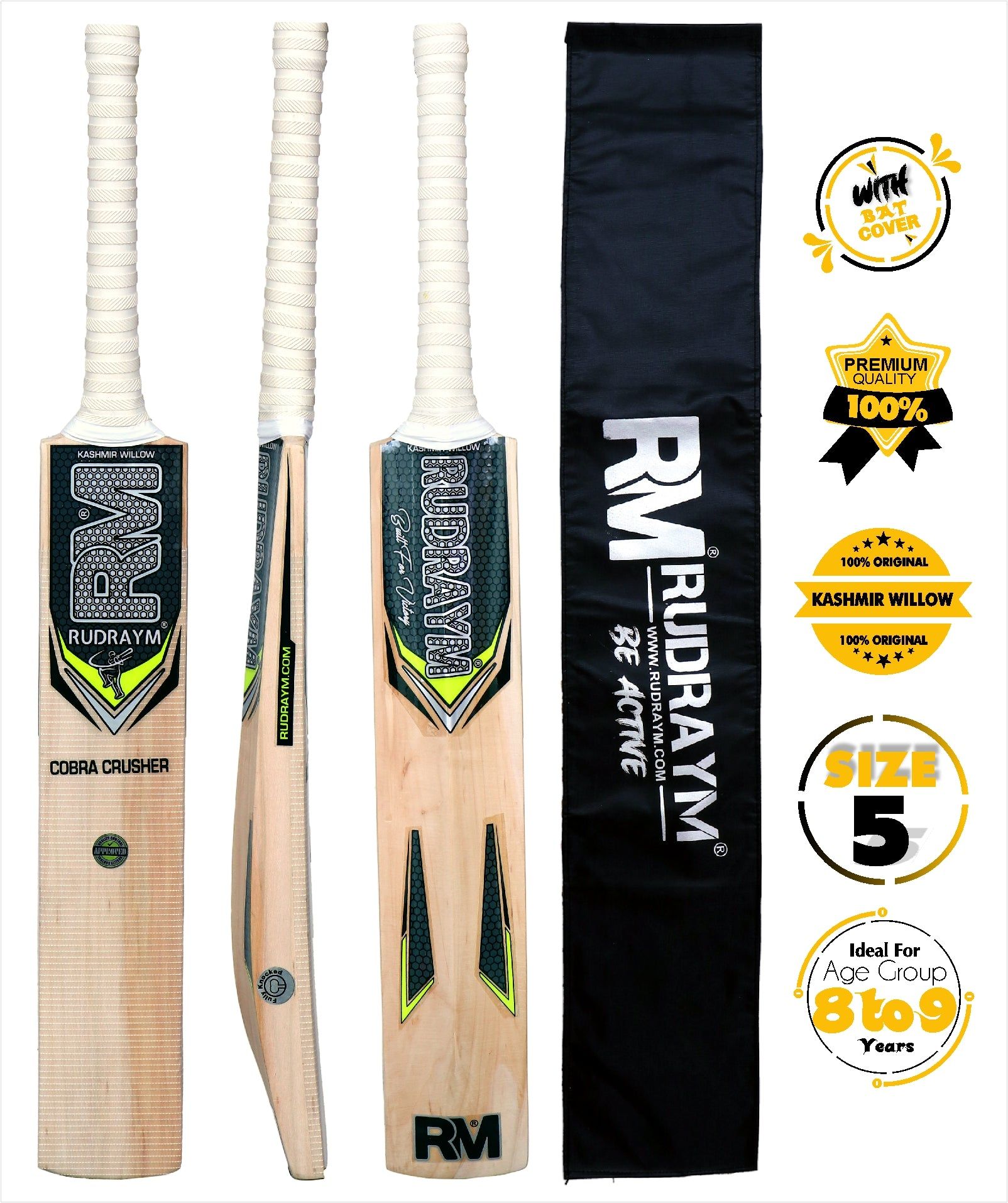 RUDRAYM Kids Cricket Bat RM CobraCrusher Size 5 Kashmiri Willow Wood For Leather Ball Kashmir Willow Cricket Bat  (700-900 g)