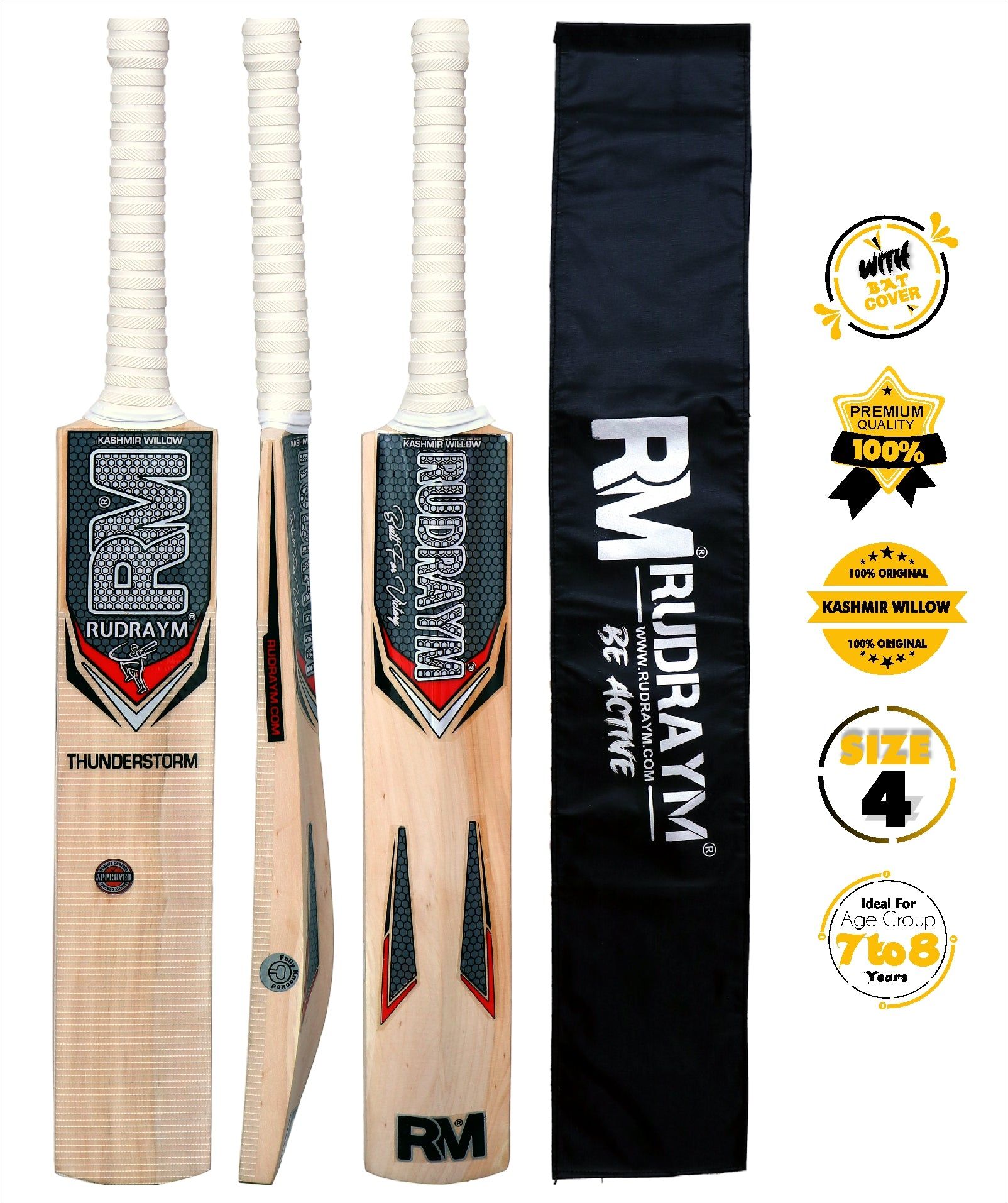 RUDRAYM RM ThunderStorm Edition Kashmiri Willow Wood Kids Cricket Bat For Leather Ball Size 4 Kashmir Willow Cricket Bat  (700-900 g)