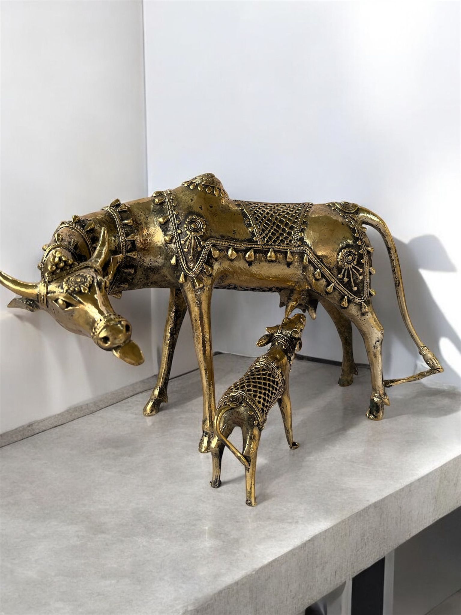 Brass Cow and Calf Statue for Home Decor