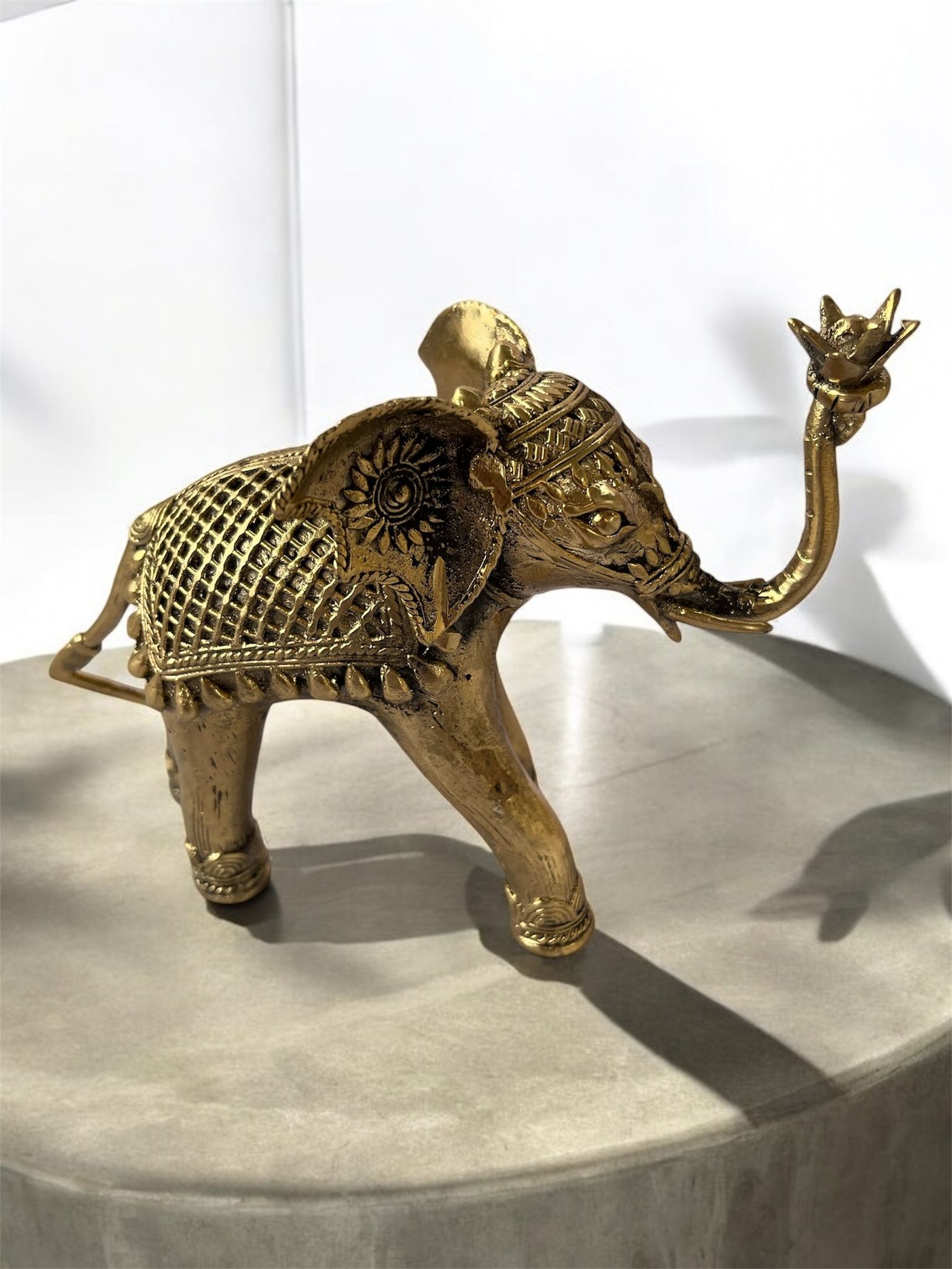  Golden Brass Elephant Figurine with Intricate Carvings