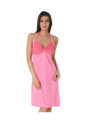 Women's Satin Short Nighty with Sleeve Less(Color: Pink, Neck Type: Halter Neck)