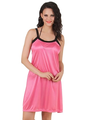 Women's Satin Short Nighty with Sleeve Less(Color: Coral Pink, Neck Type: Square Neck)