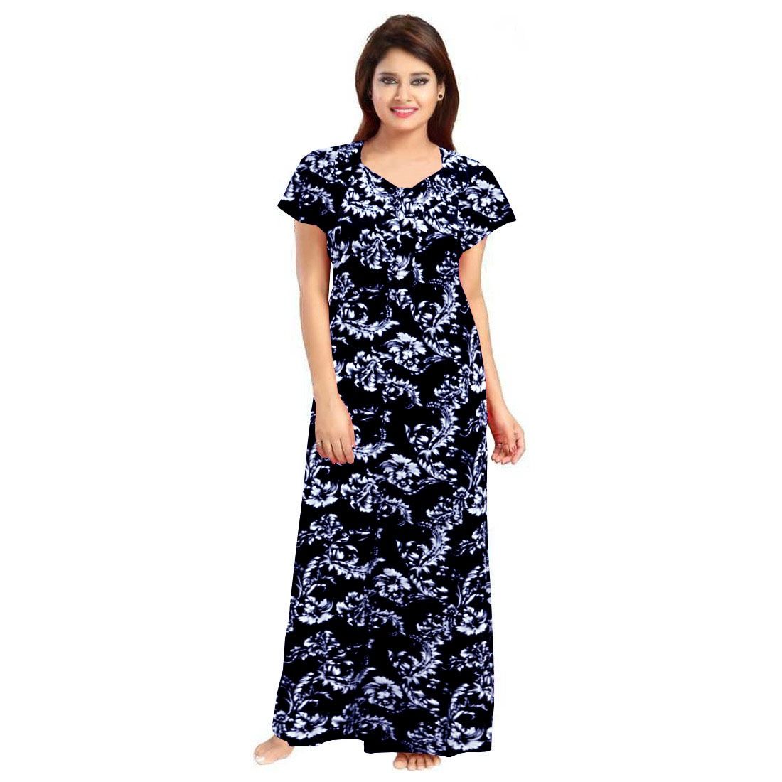 Women's Cotton Printed Maxi Nighty (Blue)