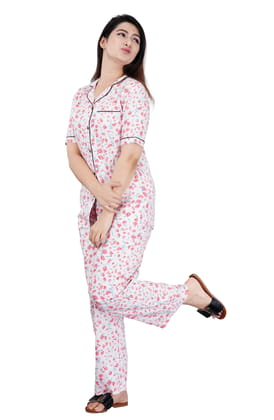 Women's Casual Half Sleeve Printed Viscose Rayon Shirt With Pyjama Pant Night Suit Set (Baby Pink)