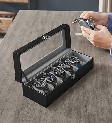 KIT & CO Watch Box, 6-Slot Watch Case with Large Glass Lid, Removable Watch Pillows, Watch Box Organizer, Gift for Loved Ones, Black Synthetic Leather, Black