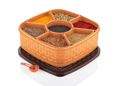 KIT & CO Plastic Square 7 Sections Multipurpose Masala Rangoli Dabba Box Set, Spice Box Set - Brown