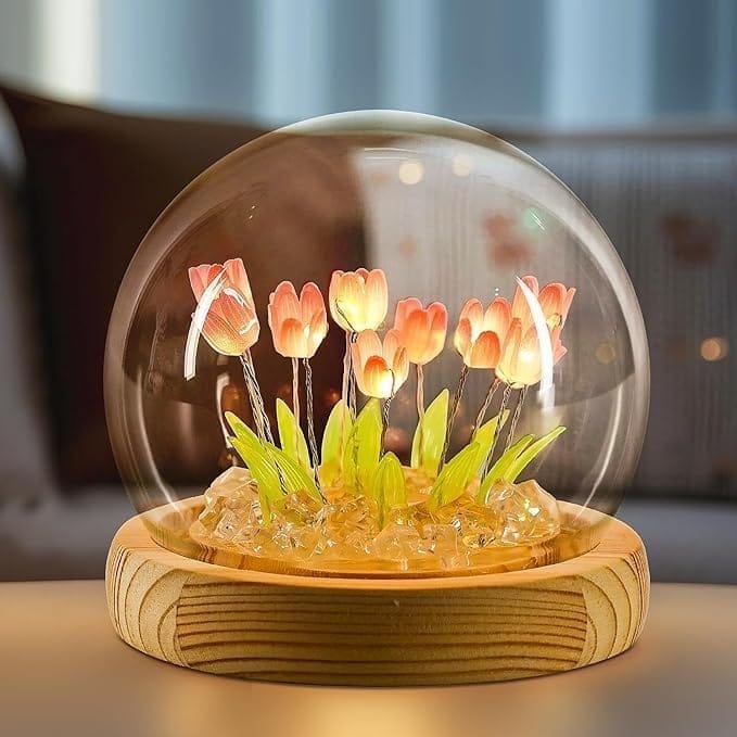 KIT & CO Night Light LED Decorations Lamp, No Assembly Required, Glass Artificial Tulips Bedroom Flower Table Lamp,Birthday Mothers Day Gifts for Girlfriend Mom Women Her Wife Sister Girls