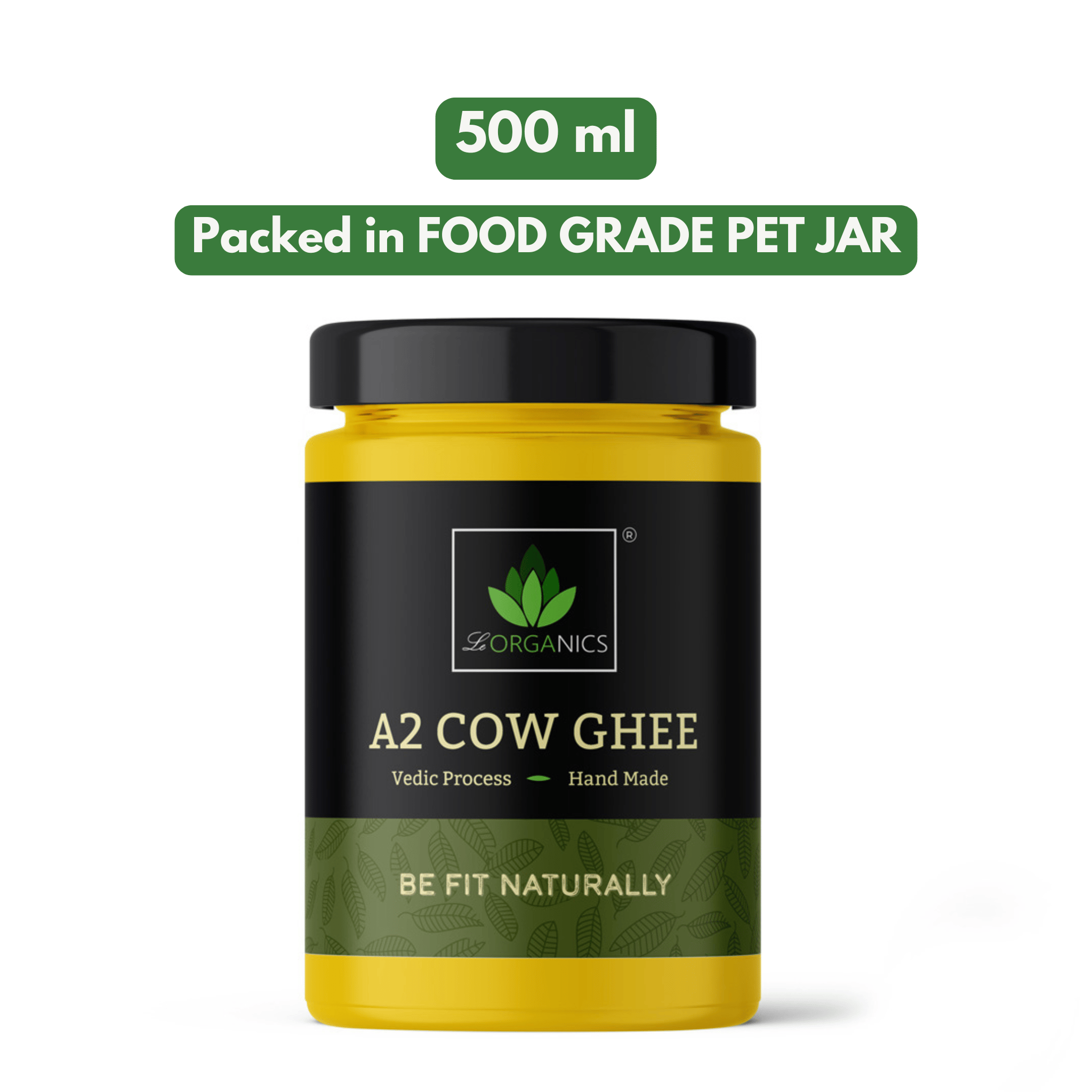 LeOrganics A2 Cow Ghee 500 Ml | Food Grade PET JAR | Curd - Churned | 5 Step Vedic Process | Churning By Bilona Method | Malai Madu Cow - Pure Indian Breed | Free Grazing Cows | GMO Free