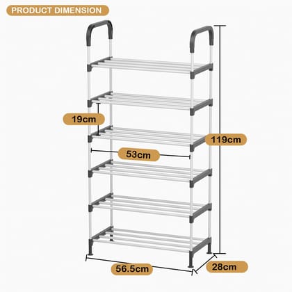 6-Tier Shoe Storage Rack | Space-Saving Free-Standing Organizer for Shoes | Ideal for Front Door, Closet and Bedroom (Silver/119x56.5x28 cm)