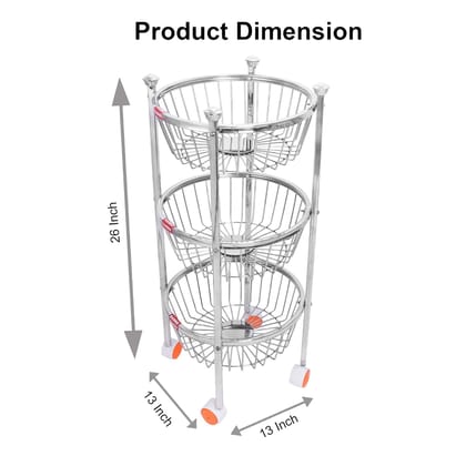 Stainless Steel 3 Layer Round Fruit & Vegetable Trolley, Kitchen Basket, Kitchen Trolley (wt-3.200kg) (13×13×26) Inch (Mogra 3 Layer Basket)