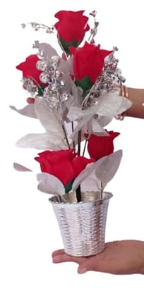 Mii Art Artificial Flower with Pot,red Rose and White Cherry with Pot for Home Decoration, showpiece for Office,Business Gifts(Color-Silver ad red)(Material-Plastic)(size-14 inch,Large) Pack of 1 pcs