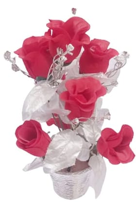 Mii Art Artificial Flower with Pot for Home Decor(Color-Silver ad red)(Material-Plastic)(size-14 inch,Large) Pack of 1 pcs