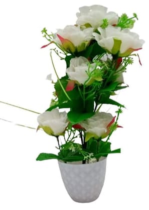 Mii Art Artificial Flower with Pot,Multi Rose and Green Leaf with White Pot for Home Decor showpiece for Office buisness Gift(Color-White)(Material-Plastic)(size-14 inch,Large) Pack of 1pcs.