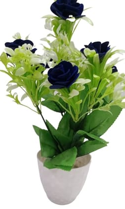 Mii Art Artificial blue Rose green and white leaf with Pot for Home Decor showpiece for office business gift(Color-blue)(Material-Plastic)(size-32 cm,Large) Pack of 1pcs