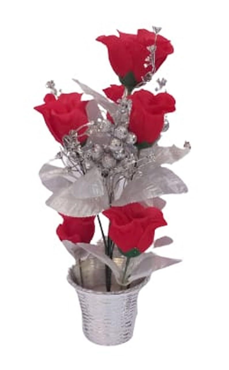 Mii Art artificial flower with pot,red rose and white cherry with pot for home decoration, showpiece for office,business gifts(Color-silver ad red)(Material-plastic)(size-14 inch,large) Pack of 1 pcs