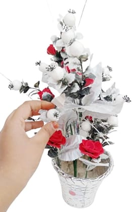 Mii Art artificial flower with pot white cherry and rose flower vase for home decoration( Color-white and red)(Material-plastic)(size-13 inch,large) Pack of 1 Set.