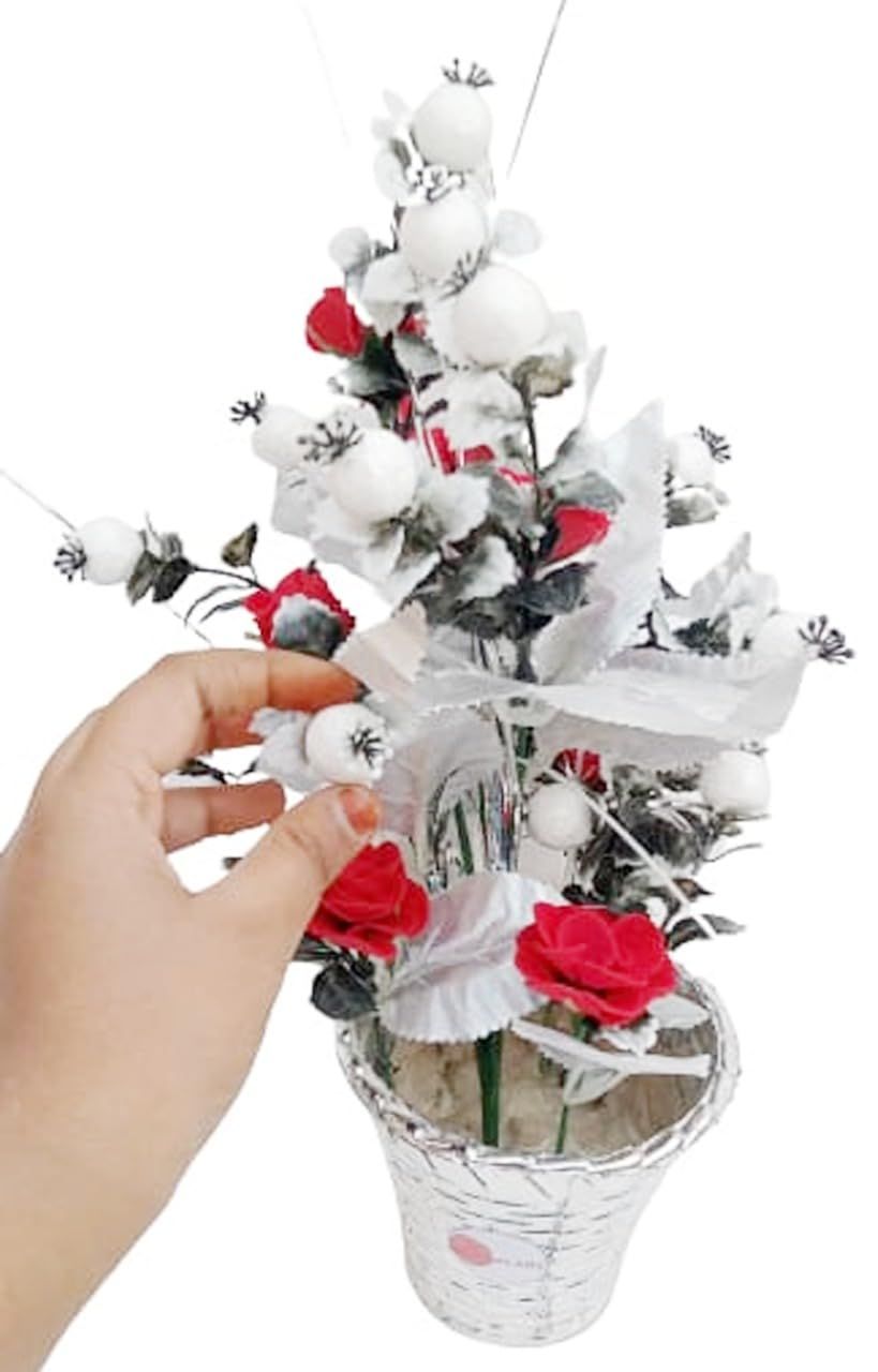 Mii Art artificial flower with pot white cherry and rose flower vase for home decoration( Color-white and red)(Material-plastic)(size-13 inch,large) Pack of 1 Set.