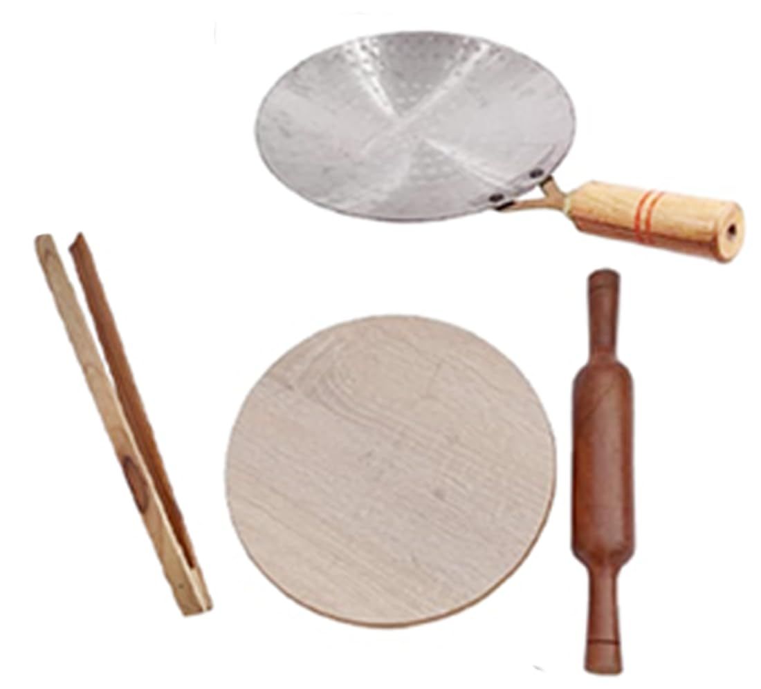 Mii Art wood chakla belan chapati maker rolling pin and board(size-polpat-23cm,belan-33cm,tawa-46,chimta-37)4pcs