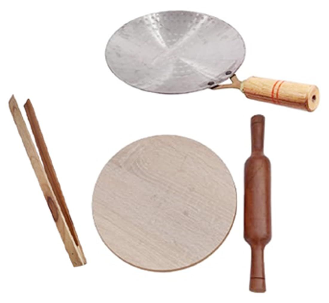 Mii Art iron tawa,rolling pin,board & tong/chakla belan and chimta for roti maker(size-tawa 26cmroling pin-33cm,roling board-23cm &chimta-37cm) pack of 4pcs.