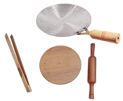 Mii Art Wooden chapati Maker & Iron tawa,Wooden Tong/chimta(Size tawa-46cm,polpat- 22cm,belan,-33cm,chimta-37) Pack of4pcs