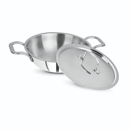 VEC Triply Stainless Steel Kadhai with Steel Lid Dia 26cm Trip-ply Cookware Gas Electric and Induction Friendly (Size 24 cm, Capacity 2 ltrs,Thickness 2.5 mm)