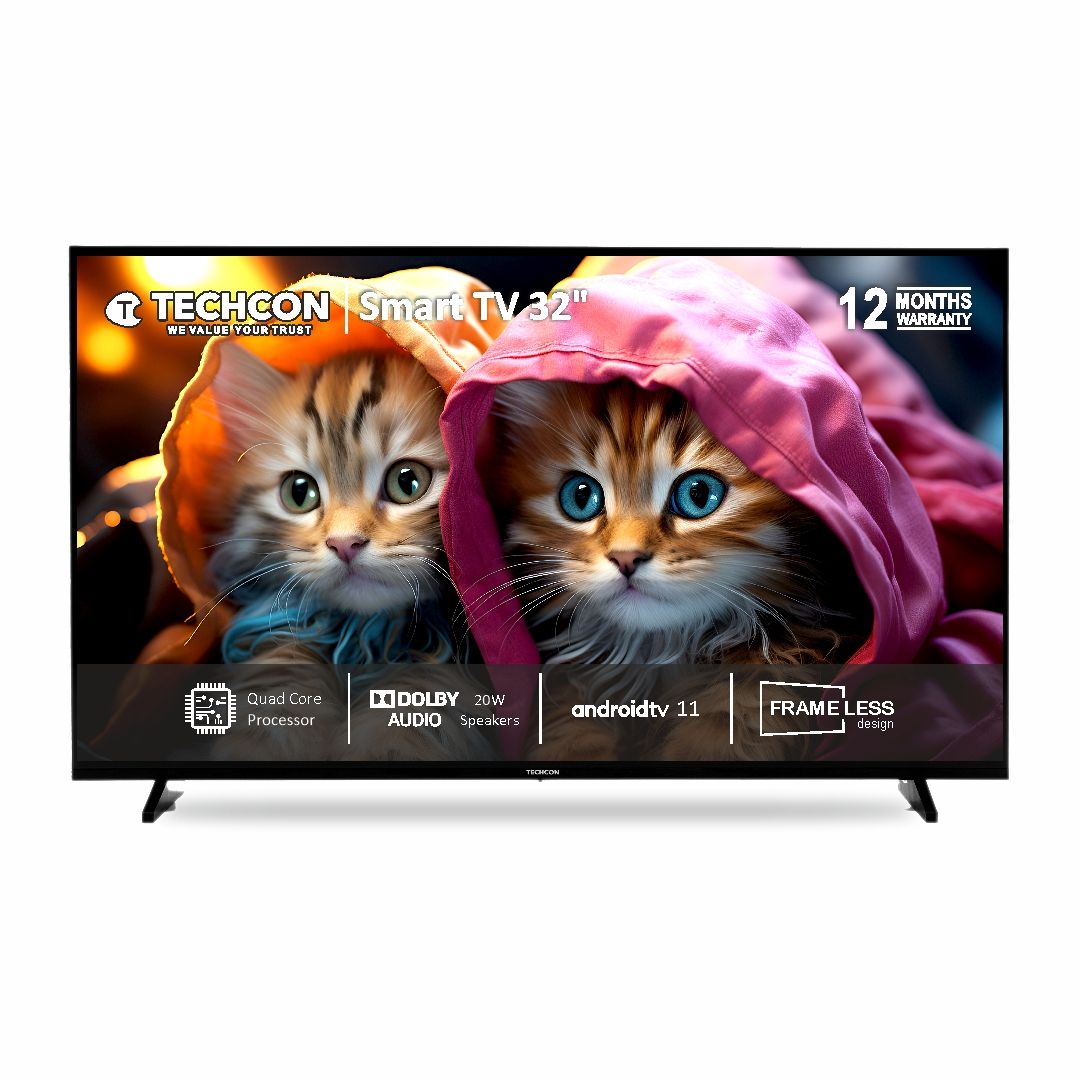 32" Techcon Smart TV - 4K UHD, HDR, Android TV, Quad Core Processor, Dolby Audio, Frameless Design T322G5B  Android Tv HD Ready