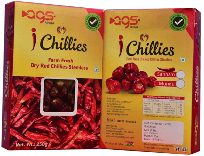 iChillies Dried Red Mundu/Round/Chettinad Chillies (Stemless) (250grams)