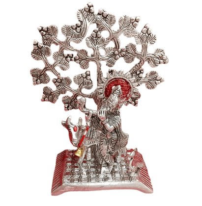 German Silver Plated Metal Krishna Idol Playing Flute Under Tree with Cow