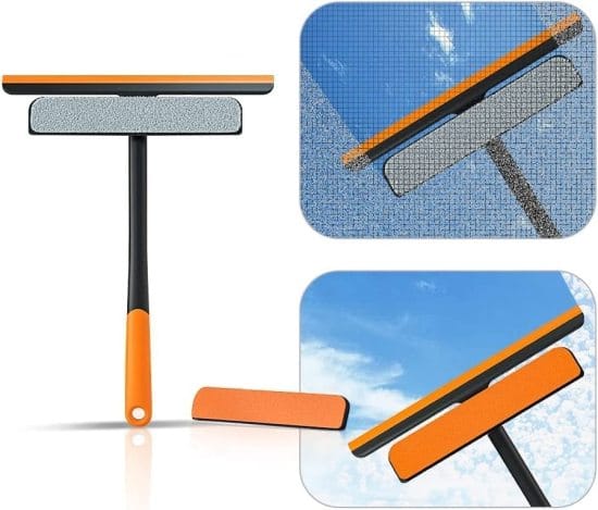 WUGO::3-in-1 Wiper Glass Cleaner Wiper for Kitchen Cleaning Rotatable Silicone Squeegee with Scrub Sponge & Mesh Screen Cleaner Multi functional Cleaner,Glass Cleaning Brush with Long Handle, Window Washer Scrubber for Home Bathroom Car Glass Cleaning