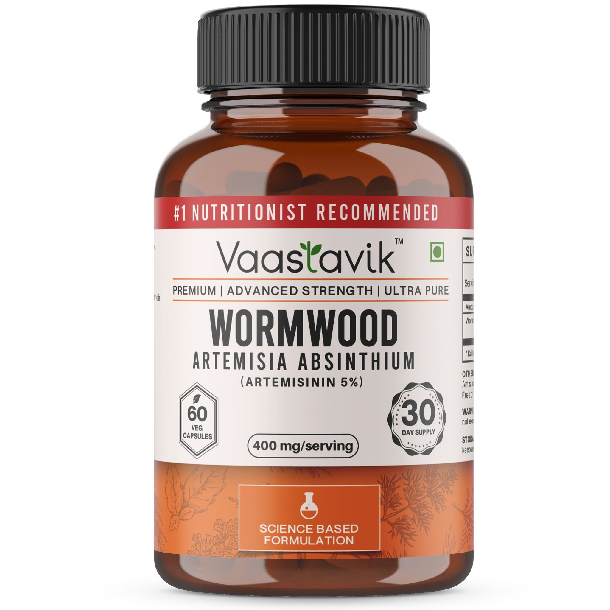 Vaastavik Wormwood Artemisia Absinthium 400 MG Vegetarian Capsule Extract Afsanteen(Artemisinin 5%) Supplement