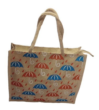  Jute Tote Bag with Colorful Umbrella Print