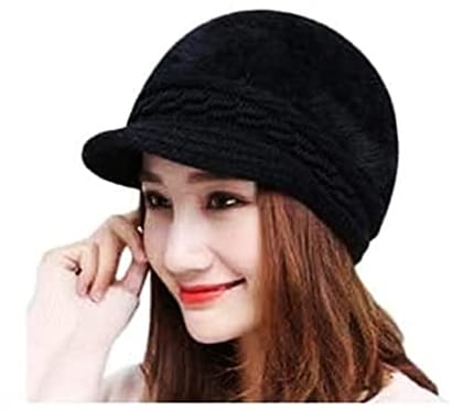 Women Winter Hat Woolen Soft Angora Wool Skull Beanie Cap Stylish- Black