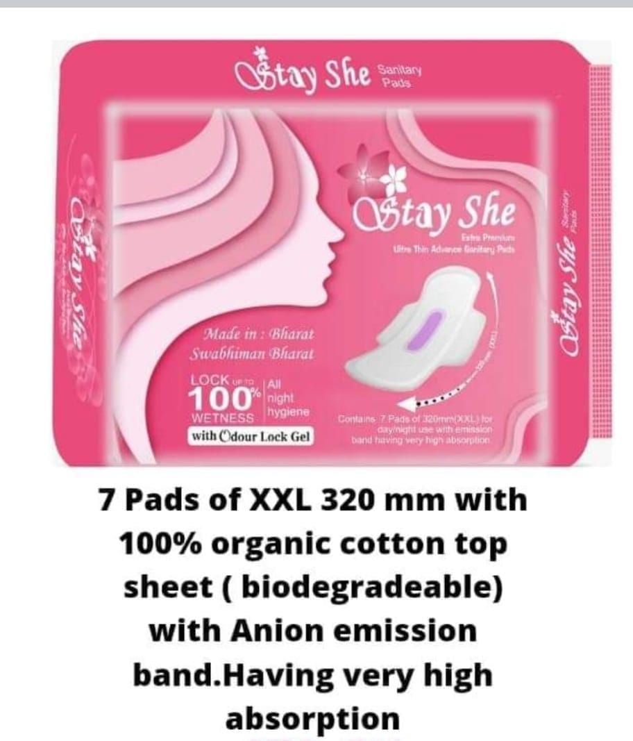  Stay She Ultra Thin Advance Sanitary Pads with Anion Emission Band - 7 Pads of XXL 320mm with 100% Organic Cotton Top Sheet (Biodegradable)