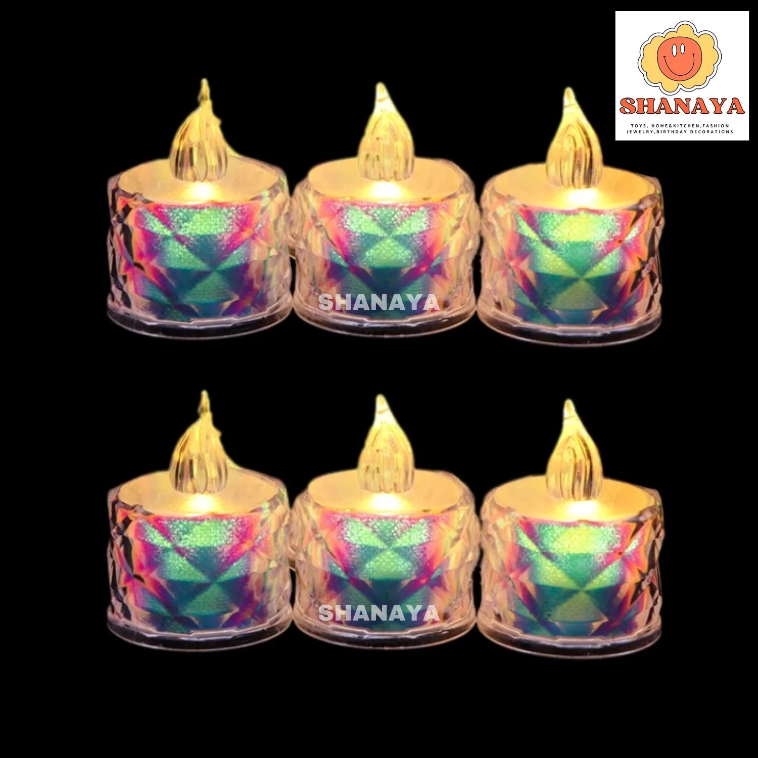 SHANAYA 6 Pieces Rainbow Transparent Acrylic Flameless Smokeless Battery Operated Decorative Crystal Led Tea Light Candles Perfect for Diwali, Birthday, Anniversary, Deepwali Decoration Home Decor