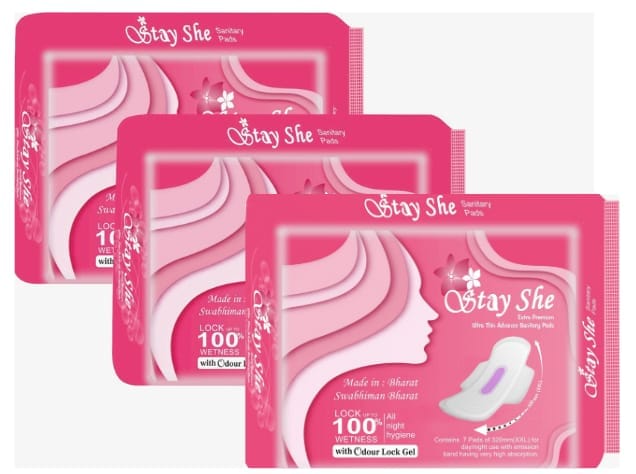 Stay She Sanitary Pads, Extra Absorbency with Odour Lock Gel, (Pack of 3)