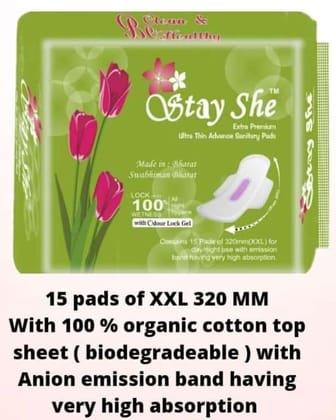  Stay She Extra Premium Ultra Thin Advance Sanitary Pads with 100% Organic Cotton Top Sheet (Biodegradable) and Anion Emission Band (15 Pads)